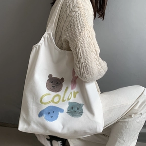 Japanese style white canvas tote bag with cute cartoon animal prints for women