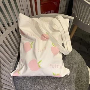 Women Pure Cotton Canvas Tote Bag Fresh Peach Print Zipper Shoulder Bag Aesthetic Daily Casual School Handbag