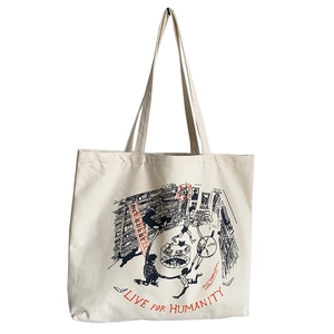 Minimalist canvas tote bag with black and white artistic illustration and red typography