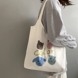 Women Canvas Tote Bag Cartoon Animal Print Simple Japanese Style Aesthetic Shoulder Bag For Students Daily Use