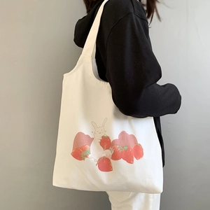 Sac Fourre-Tout En Toile Imprimé Lapin Fraise Kawaii Femmes Style Japonais Grande Capacité Sac À Main Bandoulière Magnétique