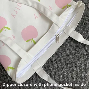 Detailed macro view of secure zipper closure and internal phone pocket of canvas tote