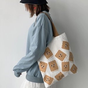 Sac Fourre-Tout En Toile Femmes Imprimé Biscuit Dessin Animé Grande Capacité Sac À Épaule Avec Fermeture Éclair Sac À Main