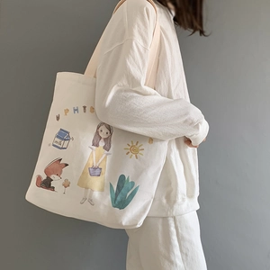 Canvas Tote Bag Zipper Closure Internal Pocket Cute Cartoon Illustration Korean Style Shoulder Bag For Women
