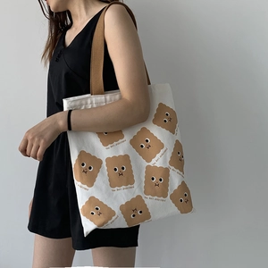 Sac fourre-tout en toile de style japonais avec imprimé biscuit mignon et anses brunes