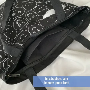 Detail of the black canvas tote bag interior showing metal zipper and functional inner pocket