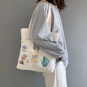 Minimalist cream canvas tote bag with cute cartoon illustrations for casual daily use