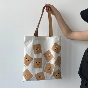 Sac fourre-tout en toile blanche avec imprimé biscuit mignon et anses marron pour femme