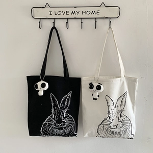Women Canvas Tote Bag Large Capacity Cotton Cloth Shoulder Handbag Cute Rabbit Print With Panda Plush Charm Zipper