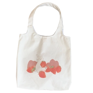 Sac fourre-tout japonais en toile blanche avec motif de lapin mignon et fraises rouges