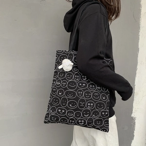Canvas Tote Bag Women Cartoon Smiley Face Print Harajuku Japanese Style Shoulder Bag With Plush Sheep Charm