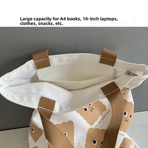 Gros plan sur la fermeture éclair et la poche interne du sac en toile imprimé oursons