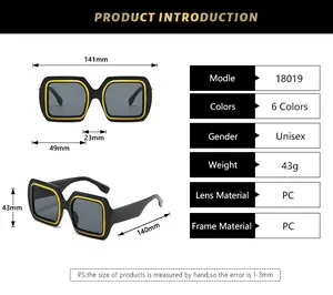 Size chart showing 141mm frame width and PC material specs for square sunglasses