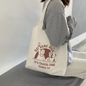 Large Capacity Canvas Tote Bag Cartoon Letter Print Shoulder Handbag Casual Literary Shopping Bag For Women Students