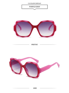 Macro detail of wave square oversized sunglasses with purple gradient lenses