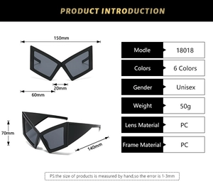 Detailed size guide for hip-hop batwing sunglasses with oversized PC frame dimensions