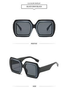 Detailed views showing the front and side of classic black square oversized sunglasses