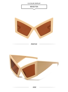 Front and side views of oversized beige butterfly sunglasses with stylish tea lenses