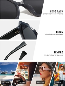 Detail of square sunglasses with metal hinges, comfortable nose pads and lifestyle scenes