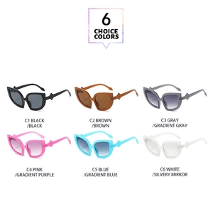 Detailed matrix of cat eye sunglasses in six colors with geometric temple design
