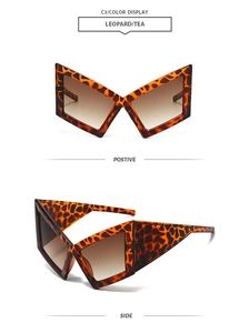 Detailed views of leopard print geometric butterfly sunglasses with tea gradient lenses