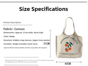 Détail du sac en toile avec fermeture à boucle magnétique et poche intérieure zippée