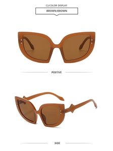 Detailed view of oversized cat-eye sunglasses with brown frames and silver metal dots