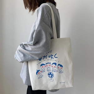 Women Canvas Tote Bag Japanese Cartoon Print Large Capacity Shoulder Bag With Zipper For Travel School Casual Daily