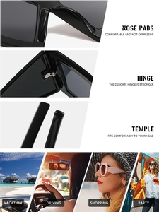 Detail of oversized square sunglasses featuring reinforced hinges and ergonomic temple tips