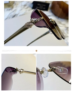 Détails de la charnière léopard en métal sertie et des plaquettes de nez sur lunettes sans bord