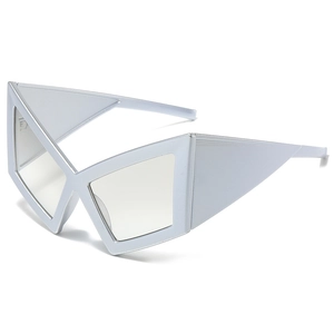 Futuristic silver geometric oversized sunglasses with wide avant-garde frame for street style