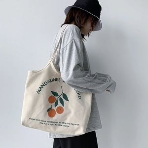 Sac fourre-tout en toile style japonais avec imprimé orange et grande capacité femme
