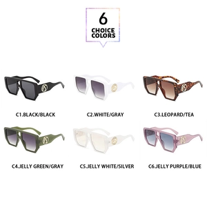 Matrix view of oversized square sunglasses in six colors with gold logo on the temple