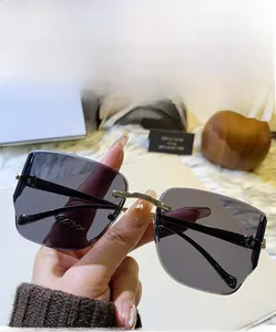 Détail de lunettes de soleil grises sans monture avec tête de léopard métallique