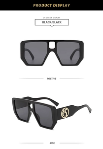 Front and side view of square black sunglasses with golden hollow logo on wide temples
