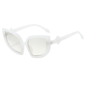 White cat-eye sunglasses with thick frames and oversized star-shaped temple details