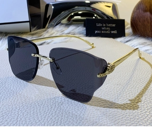 Détail des branches en métal doré et verres gris sur des lunettes sans monture