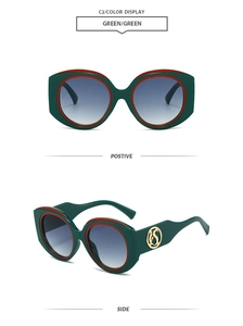 Front and side view of retro green wide-frame sunglasses with blue-purple gradient lenses