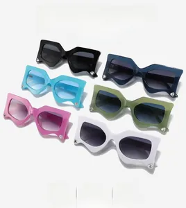Flat lay of trendy geometric rhinestone sunglasses in six diverse stylish color options