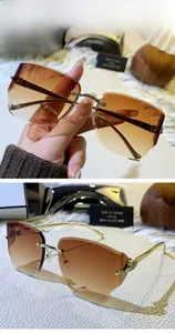 Détails des branches en métal doré avec tête de léopard sur lunettes sans monture