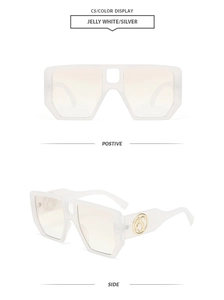 Detail of square jelly white sunglasses featuring silver frames and golden metal S-logo