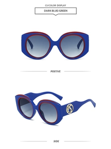 Front and side views of chunky round sunglasses with blue frames and gold logo detail