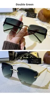 Détail de lunettes de soleil sans monture avec verres dégradés vert et branches dorées