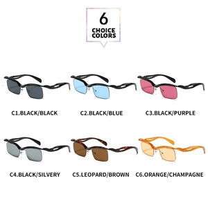 Detail view of 6 colorful fashion rimless sunglasses with flame shaped temple designs