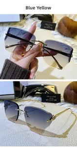 Détail de lunettes sans monture dégradé bleu-jaune avec motif léopard doré sur la branche