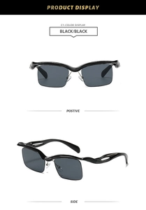 Detailed front and side views of black futuristic half-frame sunglasses with hollow temples