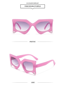 Front and side view of pink rhinestone geometric sunglasses with purple gradient lenses