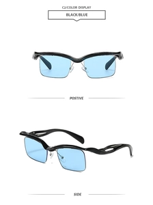 Detail of black wave irregular frame sunglasses with blue rectangular lenses
