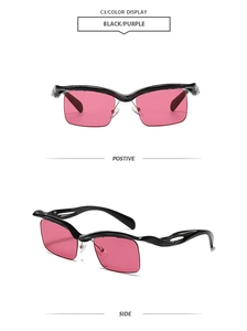 Detail view of wave-shaped semi-rimless sunglasses in black frame with purple lenses