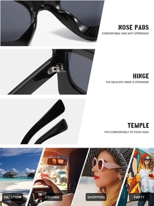 Detail view of reinforced metal hinges and ergonomic temples on black sunglasses